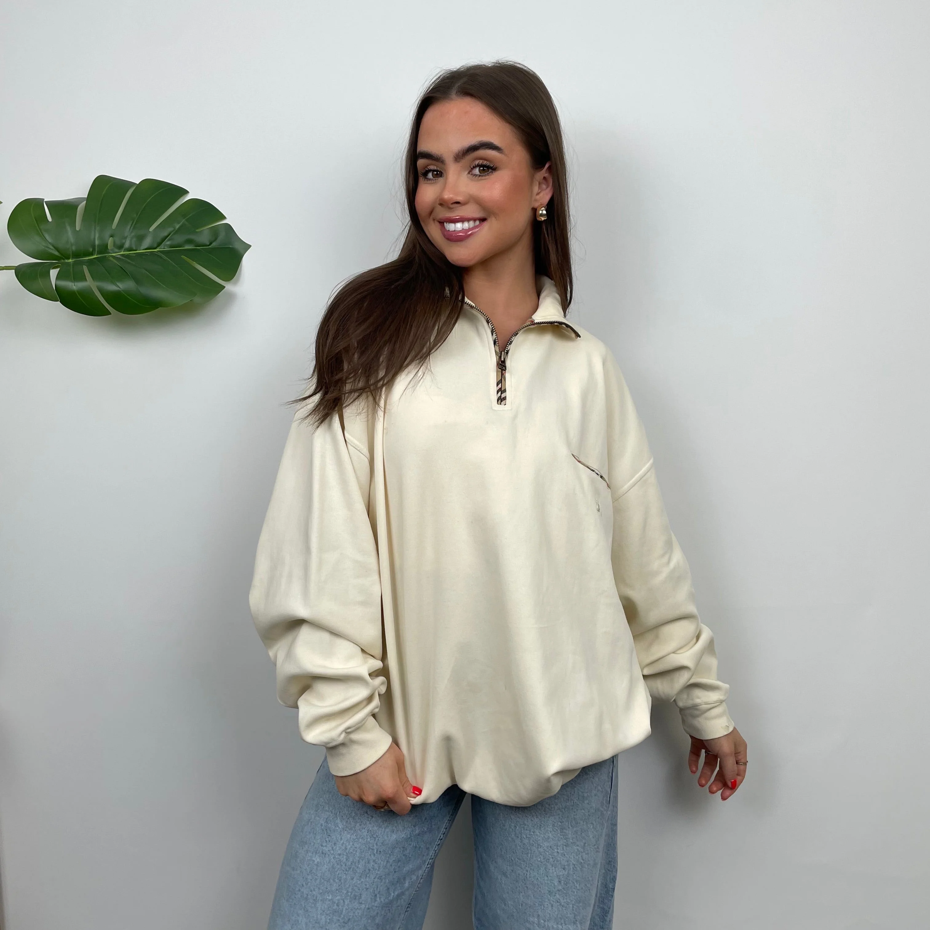 Burberry Cream Embroidered Spell Out Quarter Zip (L) - Image 3