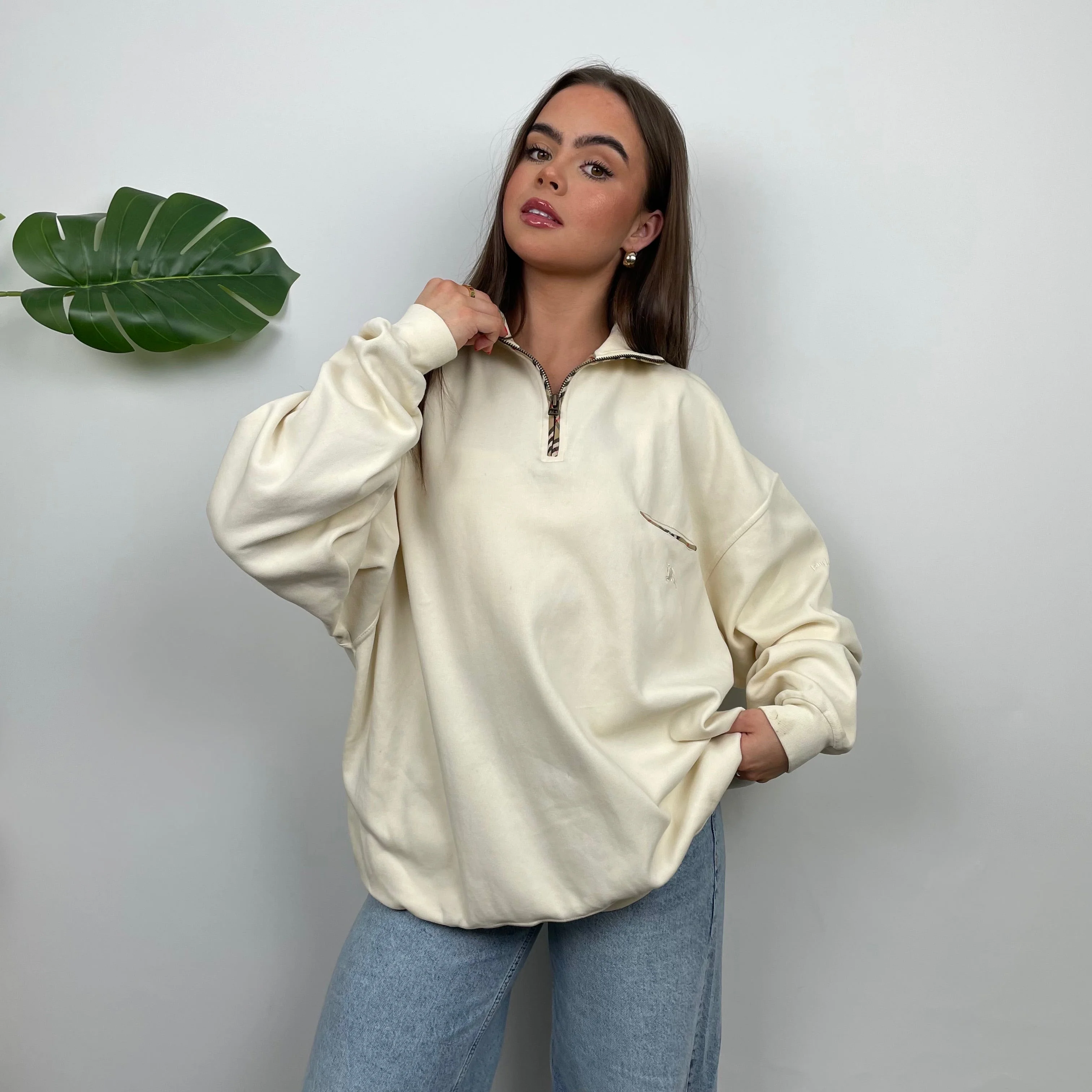 Burberry Cream Embroidered Spell Out Quarter Zip (L) - Image 5