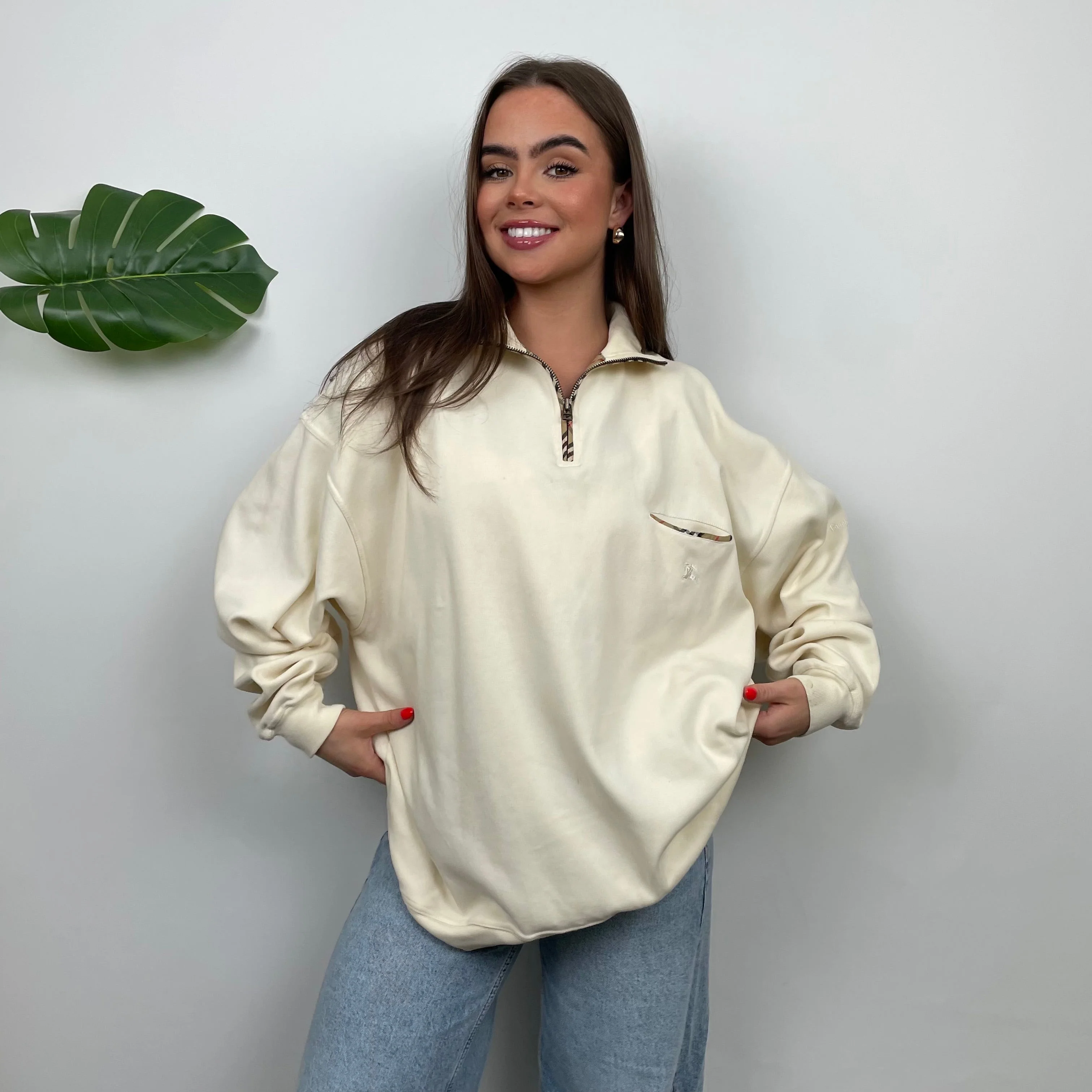 Burberry Cream Embroidered Spell Out Quarter Zip (L) - Image 6